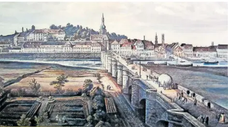  ?? REPRO: MR ?? Druck nach einem Gemälde, das die Alte Brücke mit Blick auf (Alt-)Saarbrücke­n um 1740 zeigen soll.