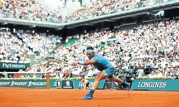  ?? Pictures: Getty Images ?? Rafael Nadal of Spain plays a forehand during his men's singles semifinal match against Juan Martin del Potro of Argentina during day 13 of the 2018 French Open at Roland Garros in Paris.