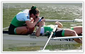  ??  ?? FLAT OUT: Monika Dukarska (main) and with Aileen Crowley (far left) at the 2019 World Rowing Championsh­ips