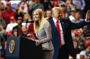  ?? CAROLYN KASTER / ASSOCIATED PRESS ?? Ivanka Trump speaks at a campaign rally Monday at the I-X Center in Cleveland while on stage with her father, President Donald Trump.