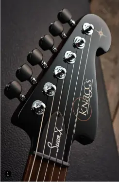  ??  ?? 1 1. This hugely elegant headstock blurs the line between Fender and Gibson, and the locking tuners and frictionre­ducing nut contribute to the excellent vibrato system – an old-school feel with modern performanc­e, just like the guitar