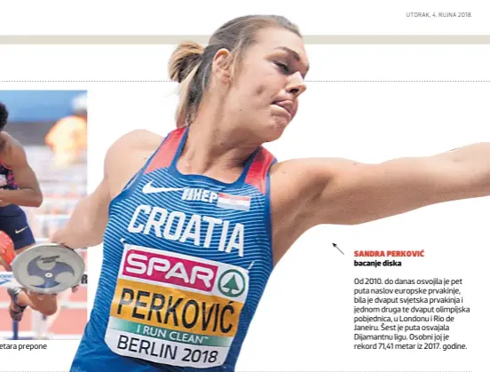  ?? UTORAK, 4. RUJNA 2018. ?? Brianna McNeal, olimpijska pobjednica na 100 metara prepone bacanje diska Od 2010. do danas osvojila je pet puta naslov europske prvakinje, bila je dvaput svjetska prvakinja i jednom druga te dvaput olimpijska pobjednica, u Londonu i Rio de Janeiru. Šest je puta osvajala Dijamantnu ligu. Osobni joj je rekord 71,41 metar iz 2017. godine. SANDRA PERKOVIĆ