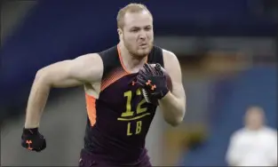  ?? MICHAEL CONROY — THE ASSOCIATED PRESS ?? Giants linebacker Ryan Connelly, pictured here during the NFL Combine in Indianapol­is in March, was a fifth-round pick out of Wisconsin.