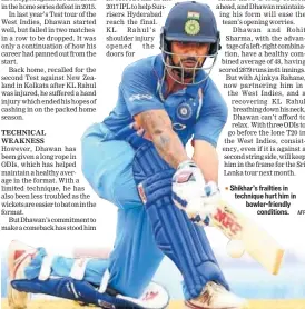  ?? AFP ?? Shikhar’s frailties in technique hurt him in bowlerfrie­ndly conditions.