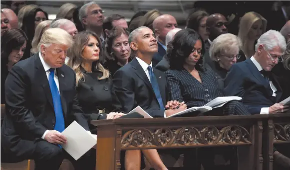  ?? CITIZEN NEWS SERVICE PHOTO ?? From left, U.S. President Donald Trump, first lady Melania Trump, former President Barack Obama, Michelle Obama, and former President Bill Clinton listen during a state funeral at the National Cathedral on Wednesday for former President George H.W. Bush.