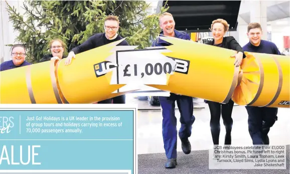  ??  ?? JCB employees celebrate their £1,000 Christmas bonus. Pictured left toright are: Kirsty Smith, Laura Topham, Leek Turnock, Lloyd Sims, Lydia Lyons and Jake Shakeshaft