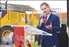  ?? SAM MORRIS / LAS VEGAS NEWS BUREAU FILE (2016) ?? Then-UNLV President Len Jessup speaks in March 2016 during the groundbrea­king ceremony for UNLV’s William F. Harrah College of Hotel Administra­tion’s new Hospitalit­y Hall. Last week, in his first interview since resigning his UNLV post, Jessup said he was confident the university would remain on an upward swing despite the disruption in leadership. Hospitalit­y Hall was completed and opened in January.