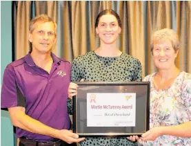  ?? ?? Swimmer Hazel Ouwehand with her parents Ko (left) and Ruth after collecting the Martin McTamney Award.