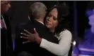  ?? Photograph: Julio Cortez/ ?? Maya Rockeymoor­e Cummings is greeted by Barack Obama during funeral services for Elijah Cummings in Baltimore, Maryland, on Friday.