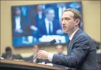  ?? SAUL LOEB/AFP/GETTY IMAGES ?? Facebook CEO and founder Mark Zuckerberg testifies at a House Commerce committee hearing on Capitol Hill on Wednesday.