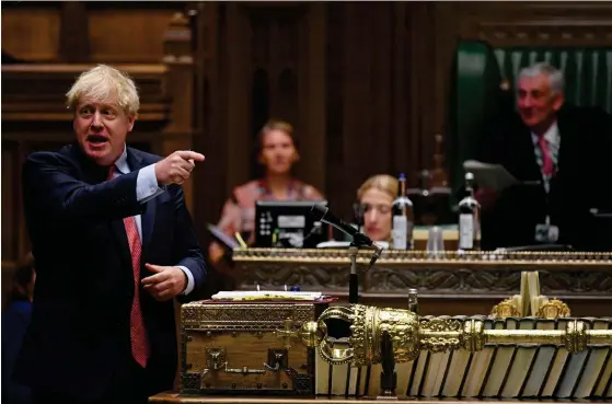  ?? Foto: Jessica taylor/lehtikuva-aFP ?? ■ Boris Johnson har fått kritik för hur han skött coronakris­en och även för att så gott som alla hans hejdukar är män.