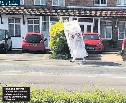  ??  ?? He’s got it covered – the man was spotted walking wearing a plastic greenhouse in Hillingdon