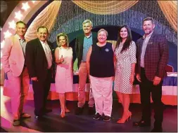  ?? Dan Haar / Hearst Connecticu­t Media ?? Republican candidates pose for a photo with Brian Schactman of WTIC radio, far left, and Bristol Mayor Jeff Caggiano, far right, at the 139th Crocodile Club luncheon at Lake Compounce on Aug. 12.