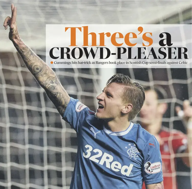  ??  ?? With a three-fingered salute to the Rangers supporters, Jason Cummings celebrates completing his hat-trick in the 4-1 Scottish Cup quarter-final win over Falkirk at Ibrox.
Match report, pages 2-3