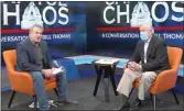  ??  ?? Robert Price, left, interviews former Congressma­n Bill Thomas on KGET-TV 17 Friday about Rep. Kevin McCarthy’s actions since a mob attacked the Capitol on Jan. 6.