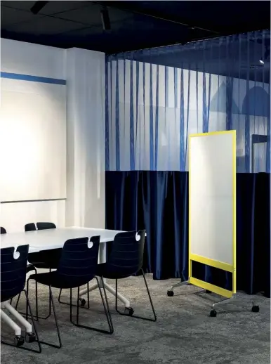  ??  ?? Right — In the Engine Room, blue curtains can be used to create privacy when needed.