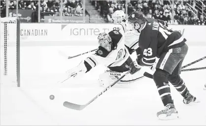  ?? STEVE RUSSELL TORONTO STAR ?? Boston goaltender Tuukka Rask made 30 saves Saturday as the Bruins won the season series over Toronto 3-1 with a 3-2 victory.