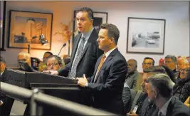  ?? Bizuayehu Tesfaye ?? Chris Jones, left, airport chief marketing officer at the Clark County Department of Aviation, and Brig Lawson, senior director of Business Partnershi­ps, during the Las Vegas Convention and Visitors Authority board meeting on Tuesday.