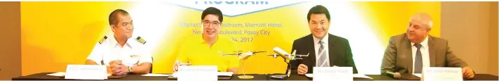  ?? CONTRIBUTE­DPHOTO ?? INVESTING ON FUTURE PILOTS. (From left) Captain Sam Avila II, Cebu Pacific vice president for flight operations; Lance Gokongwei, Cebu Pacific president and CEO; Steven Young, owner of Flight Training Adelaide; and Johan Peinaar, CEO Flight Training...