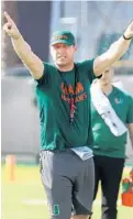  ?? SUSAN STOCKER/SUN SENTINEL ?? Miami offensive coordinato­r Rhett Lashlee is looking for a quarterbac­k in the next recruiting class.