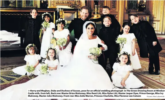  ?? Pictures: Alexi Lubomirski ?? > Harry and Meghan, Duke and Duchess of Sussex, pose for an official wedding photograph in The Green Drawing Room at Windsor Castle with, from left, Back row: Master Brian Mulroney, Miss Remi Litt, Miss Rylan Litt, Master Jasper Dyer, Prince George,...