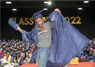  ?? ROD THORNBURG / FOR THE CALIFORNIA­N ?? Nathan Washington entertains the crowd at East High School’s graduation for the Class of 2022 at Mechanics Bank Convention Center.