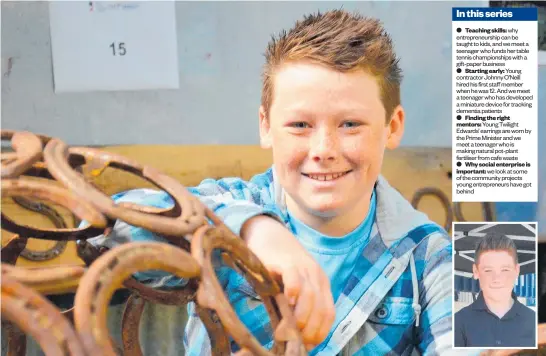  ?? Photo /
Debbie Beadle ?? Seth Evans (main image aged 12, inset aged 14) sells welded horseshoe sculptures that have so far earned him $30,000.