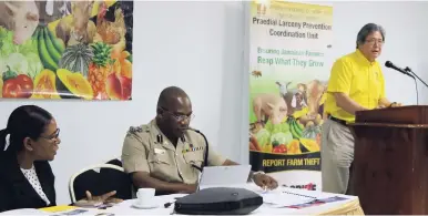  ?? CONTRIBUTE­D ?? André Kong, director of the Fisheries Division, Ministry of Industry, Commerce, Agricultur­e and Fisheries, speaking about the negative impact of praedial larceny on the fisheries sector at a Praedial Larceny Prevention Workshop for police officers in Kingston recently. At left are Superinten­dent of Police Velma Thomas-Gayle and Bishop Dr Gary Welsh, assistant commission­er of police.