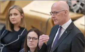  ?? ?? John Swinney, pictured during First Minister’s Questions yesterday, has continued to back the disgraced Michael Matheson Image: PA