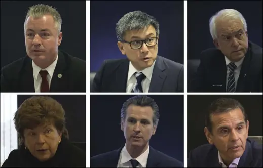  ?? PHOTOS COURTESY CALMATTERS ?? The six leading candidates for California governor, from top left: Republican Travis Allen, Democrat John Chiang, Republican John Cox, Democrats Delaine Eastin, Gavin Newsom and Antonio Villaraigo­sa.