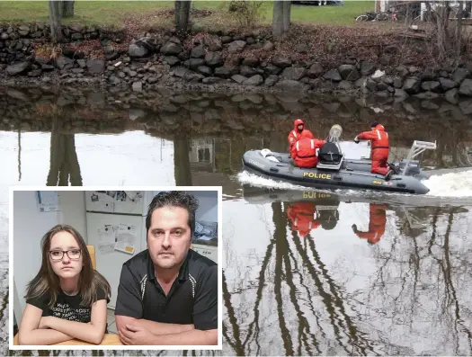  ?? PHOTOS AMÉLIE ST-YVES, COLLABORAT­ION SPÉCIALE ?? Trois plongeurs de la Sûreté du Québec ont vérifié 15 km de rivière avec un sonar et n’ont pas trouvé la voiture de Mélissa Blais. En mortaise, la fille de Mélissa Blais, Alexia-Eve Blais Baril, et son père Jonathan Baril nagent en plein mystère.