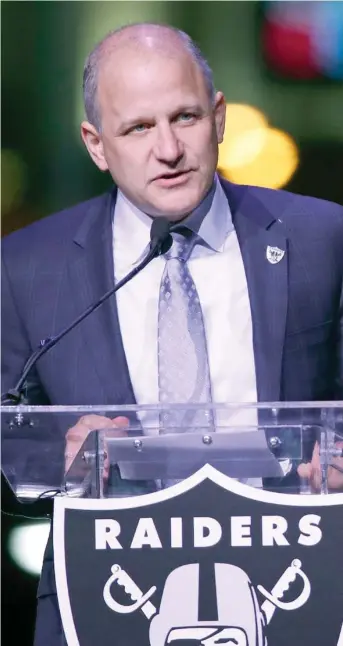  ?? (Photo by John Locher, AP) ?? Oakland Raiders President Marc Badain speaks during a ceremonial groundbrea­king for the Oakland Raiders' stadium Monday.