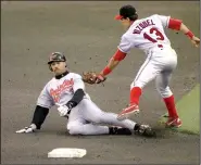  ?? AP/AMY SANCETTA ?? Harold Baines, playing for the Baltimore Orioles in 1997, is tagged out at second base by Cleveland Indians shortstop Omar Vizquel during the American League Championsh­ip Series. Baines was elected into the Baseball Hall of Fame on Sunday by the Today’s Game Era Committee despite never receiving more than 6.1 percent of the vote from the Baseball Writers’ Associatio­n when he was on the ballot.