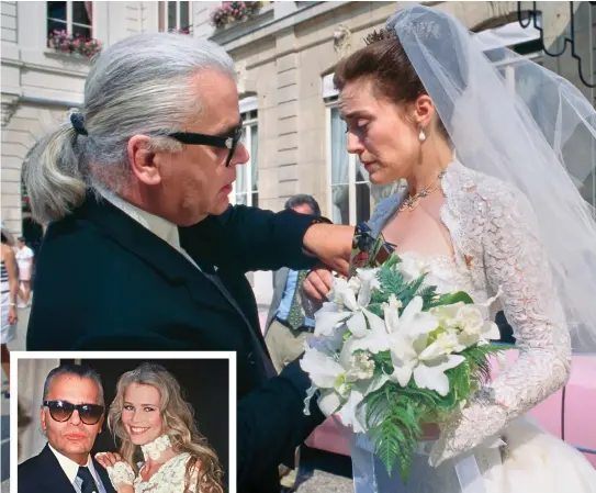  ?? ?? Generous: Karl giving Natasha a brooch on her wedding day, and left, with Claudia Schiffer in Paris in 1993