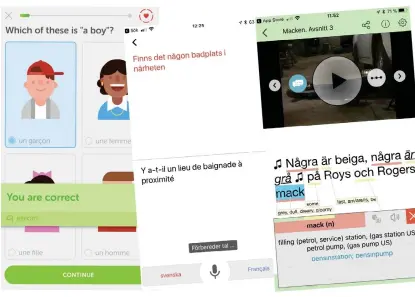  ??  ?? ÖVERSÄTTER. Tre appar som du kan träna språk med gratis. Duolingo är som ett spel, Google översätt gör det i realtid och SVT Språkplay gör det med Macken, Tjorven och Kurtan.