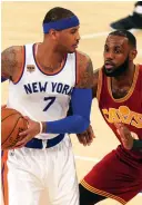  ?? (Reuters) ?? CARMELO ANTHONY (left) and LeBron James have been long-time friends. But that doesn’t mean the former will be traded from the New York Knicks to join James (right) on the Cleveland Cavaliers.