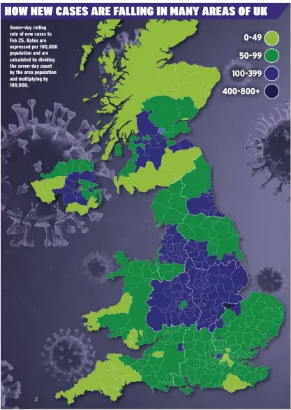  ??  ?? Seven–day rolling rate of new cases to Feb 25. Rates are expressed per 100,000 population and are calculated by dividing the seven-day count by the area population and multiplyin­g by 100,000.