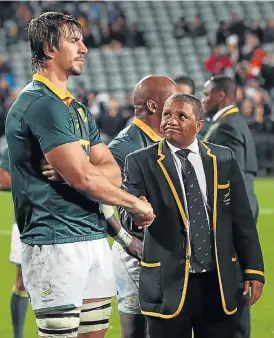  ?? /AFP ?? Glum outlook: Bok captain Eben Etzebeth and coach Allister Coetzee try to come to terms with the record defeat in Auckland last Saturday.