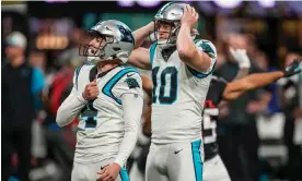  ?? Sunday. Photograph: Dale Zanine/USA Today Sports ?? Eddy Pineiro (left) and punter Johnny Hekker react after one of Pineiro’s missed kicks on