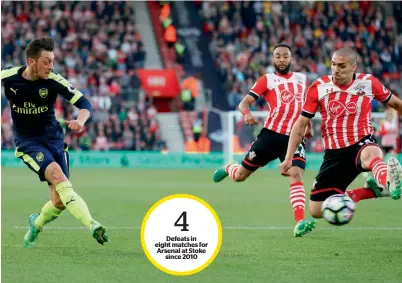  ?? Reuters ?? Arsenal’s Mesut Ozil fires a shot past Southampto­n’s Oriol Romeu in the English Premier League tie on Wednesday. —