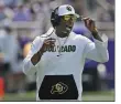  ?? LM OTERO — THE ASSOCIATED PRESS ?? Colorado head coach Deion Sanders yells from the sidelines during the first half of an NCAA college football game against TCU Saturday, Sept. 2, 2023, in Fort Worth, Texas.