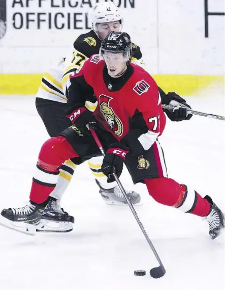  ?? SEAN KILPATRICK/THE CANADIAN PRESS ?? Defenceman Thomas Chabot has been able to fill the void left by the trade of Erik Karlsson with seven goals and 22 assists in 26 games with the Senators.