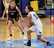  ?? PILOT PHOTO/RON HARAMIA ?? Laville’s Natalie Gonzalez looks for a teammate to pass to during the Lady Lancers’ game with Jimtown earlier this season. LV plays at No. 6 North Judson tonight.