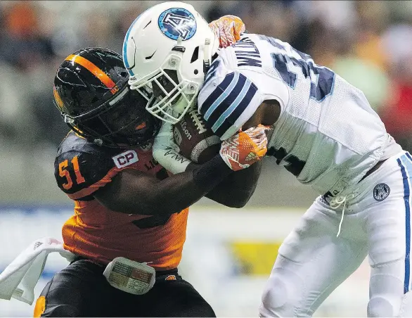  ?? GERRY KAHRMANN ?? Outside linebacker Micah Awe is back with the Lions after appearing in all 18 games for B.C. last year, including the last nine as a starter.