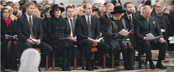  ??  ?? Royal Family members attend the Grenfell Tower National Memorial Service at London’s St Paul’s Cathedral to mark the six-month anniversar­y of the Grenfell Tower fire on Thursday. From left: Prince Harry, Kate, the Duchess of Cambridge, Prince William,...