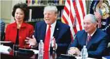  ??  ?? President Donald Trump, flanked by Transporta­tion Secretary Elaine Chao and Blackstone Group CEO Stephen Schwarzman, speaks during a meeting with business leaders.
| AP PHOTO