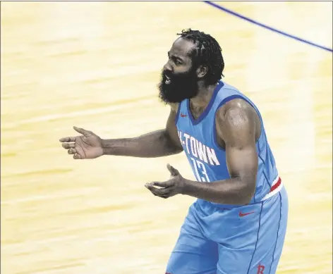  ?? ASSOCIATED PRESS ?? HOUSTON ROCKETS GUARD JAMES HARDEN Tuesday in Houston. (13) reacts to a call during the team’s game against the Los Angeles Lakers on