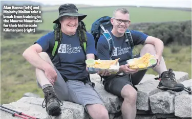  ??  ?? Alan Hanna (left) and Malachy Mallon take a break from training in the Mourne Mountains for their bid to scale Kilimanjar­o (right)