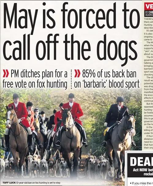  ??  ?? TOFF LUCK 13-year-old ban on fox hunting is set to stay