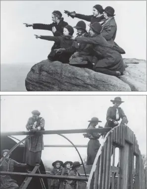  ?? PICTURES: FOX PHOTOS/HULTON ARCHIVE/GETTY ?? LANDSCAPE PORTRAIT: Top, girl guides from Bradford enjoy the view of Wharfedale from Otley Chevin, in April 1936. Above, guides building their own HQ at Byfleet, Surrey, 1920.